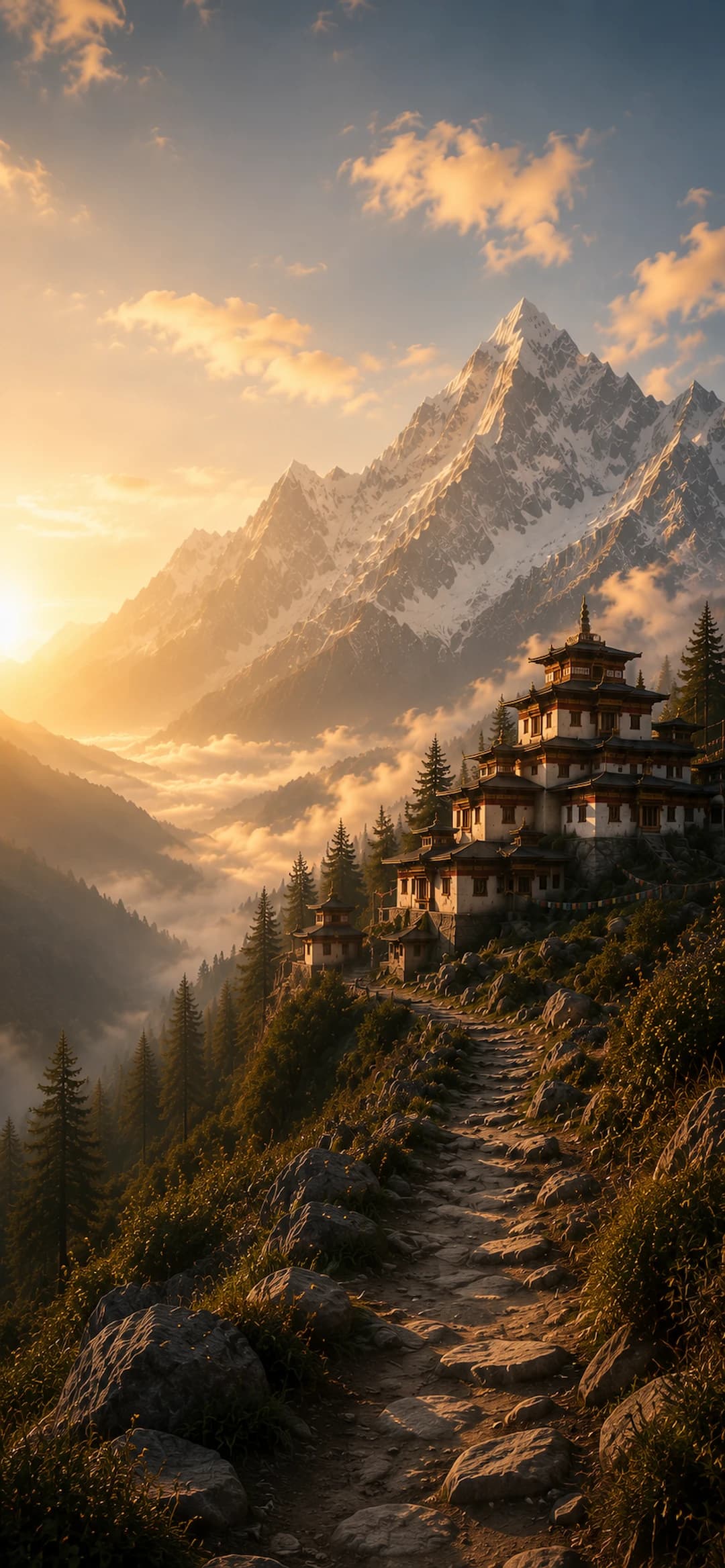 Mist rising over a high Himalayan valley at first light.